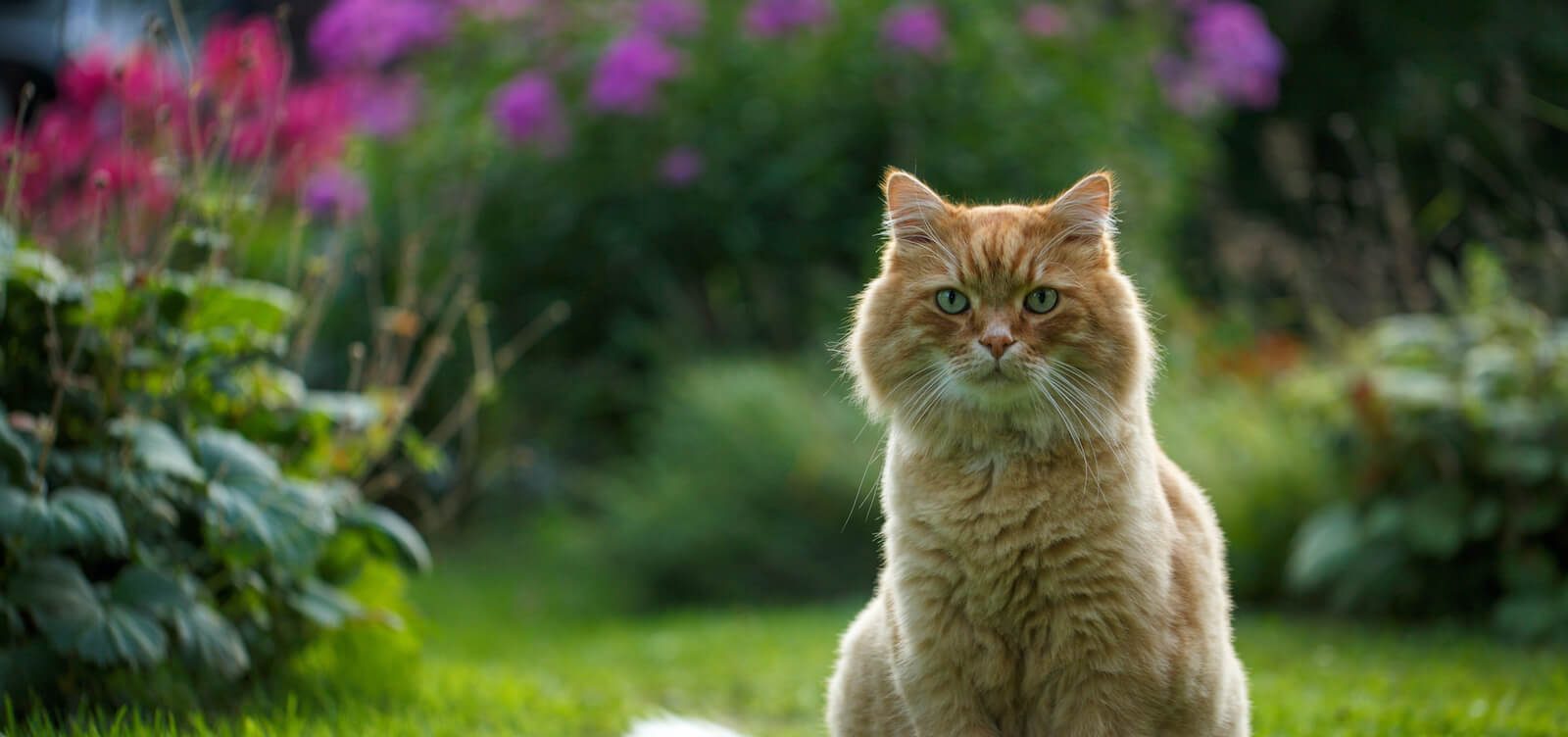 A photo of a ginger cat with an outside garden background